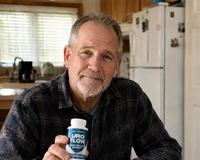 Michael R. holding a bottle of UroFlow at his kitchen table
