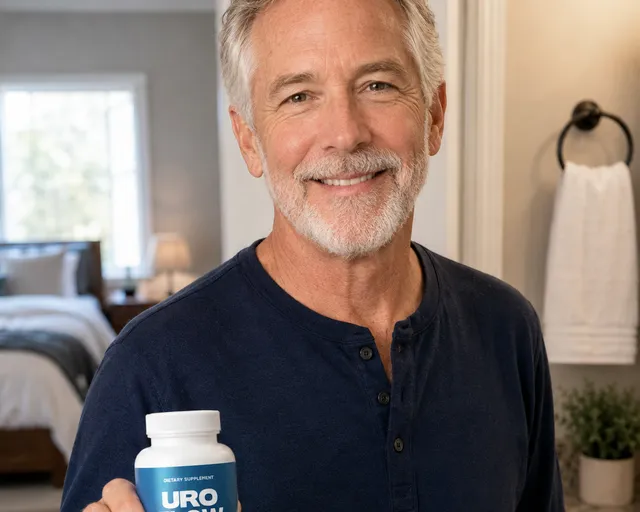 A man rested after cutting his nighttime bathroom trips, holding UroFlow